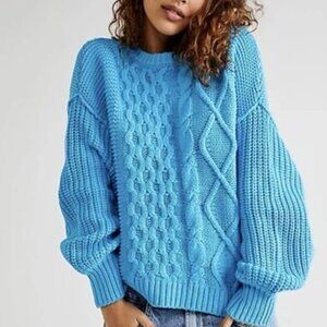 Free People Dream Cable Knit Pullover Sweater Crewneck Oversized Blue SMALL
